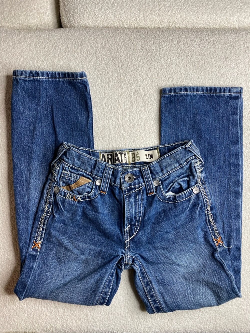 Ariat B 5 slim Boys cotton Denim Jeans in Blue with Contrast Stitching adj